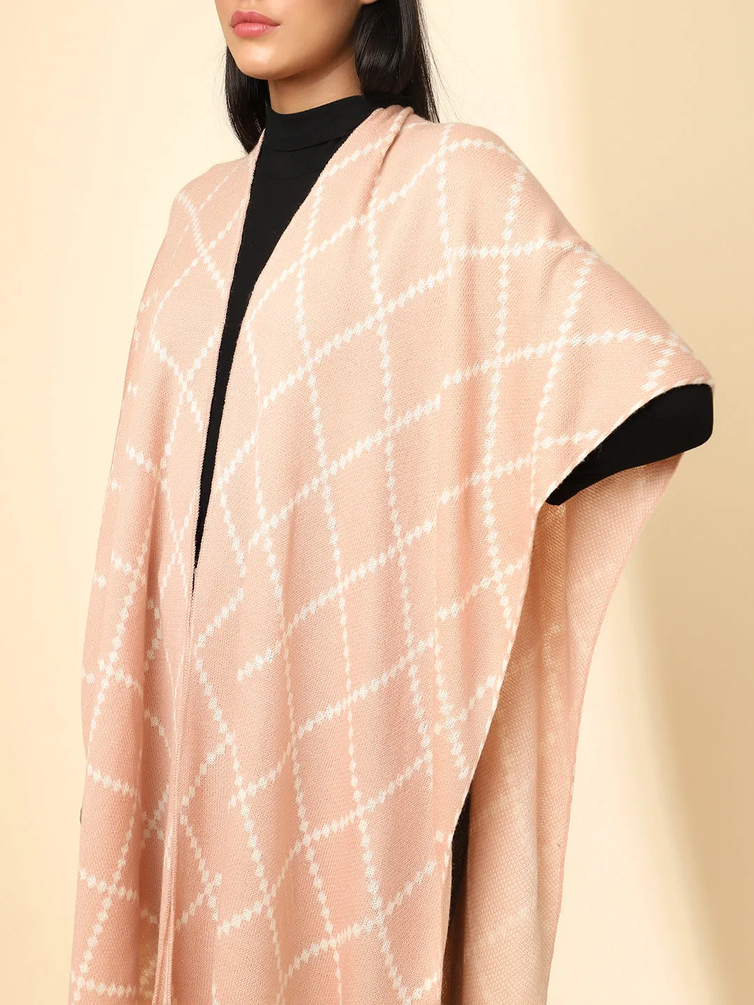 Open Front Checkered Knitted Shrug | Peach