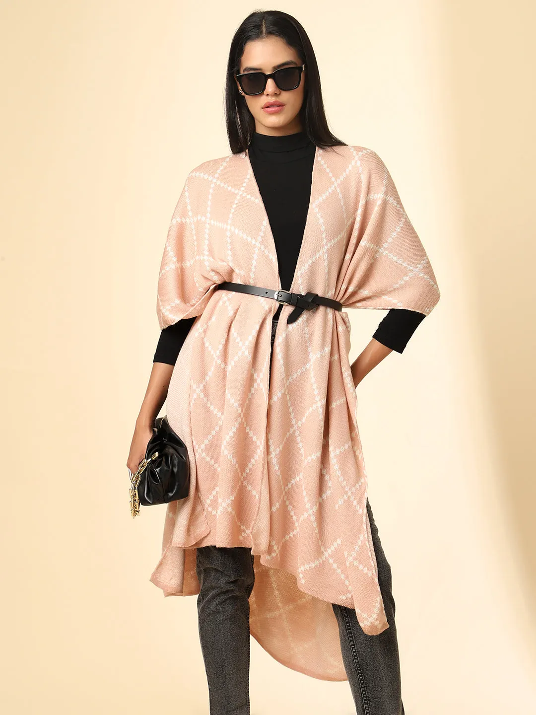 Open Front Checkered Knitted Shrug | Peach