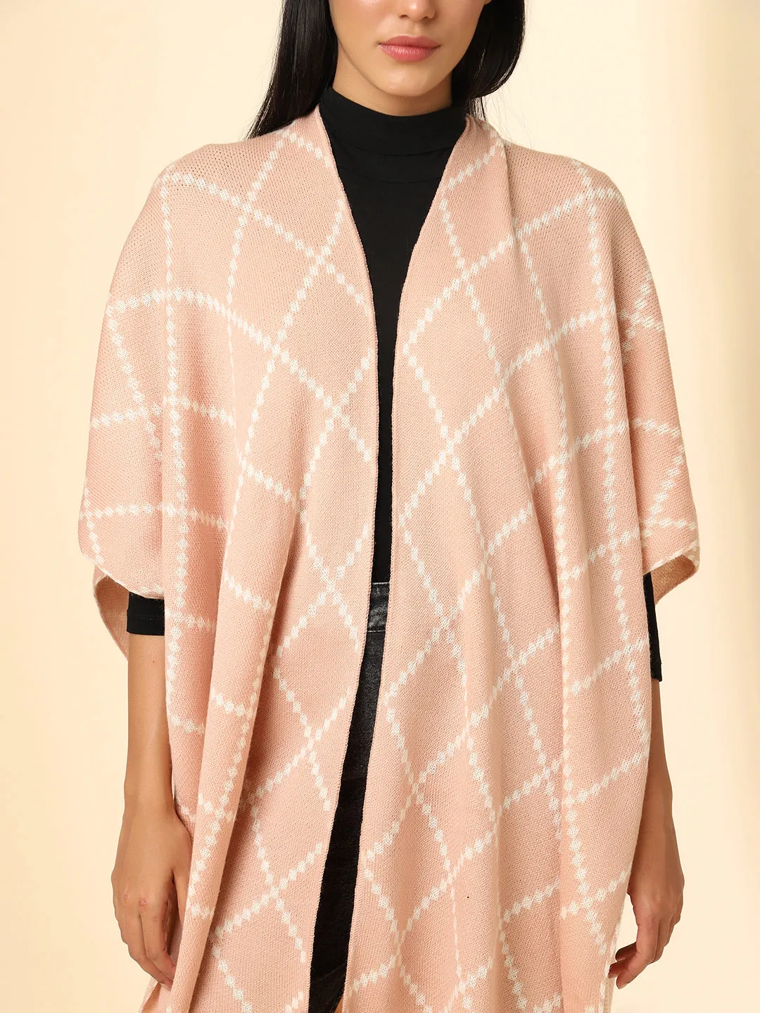 Open Front Checkered Knitted Shrug | Peach