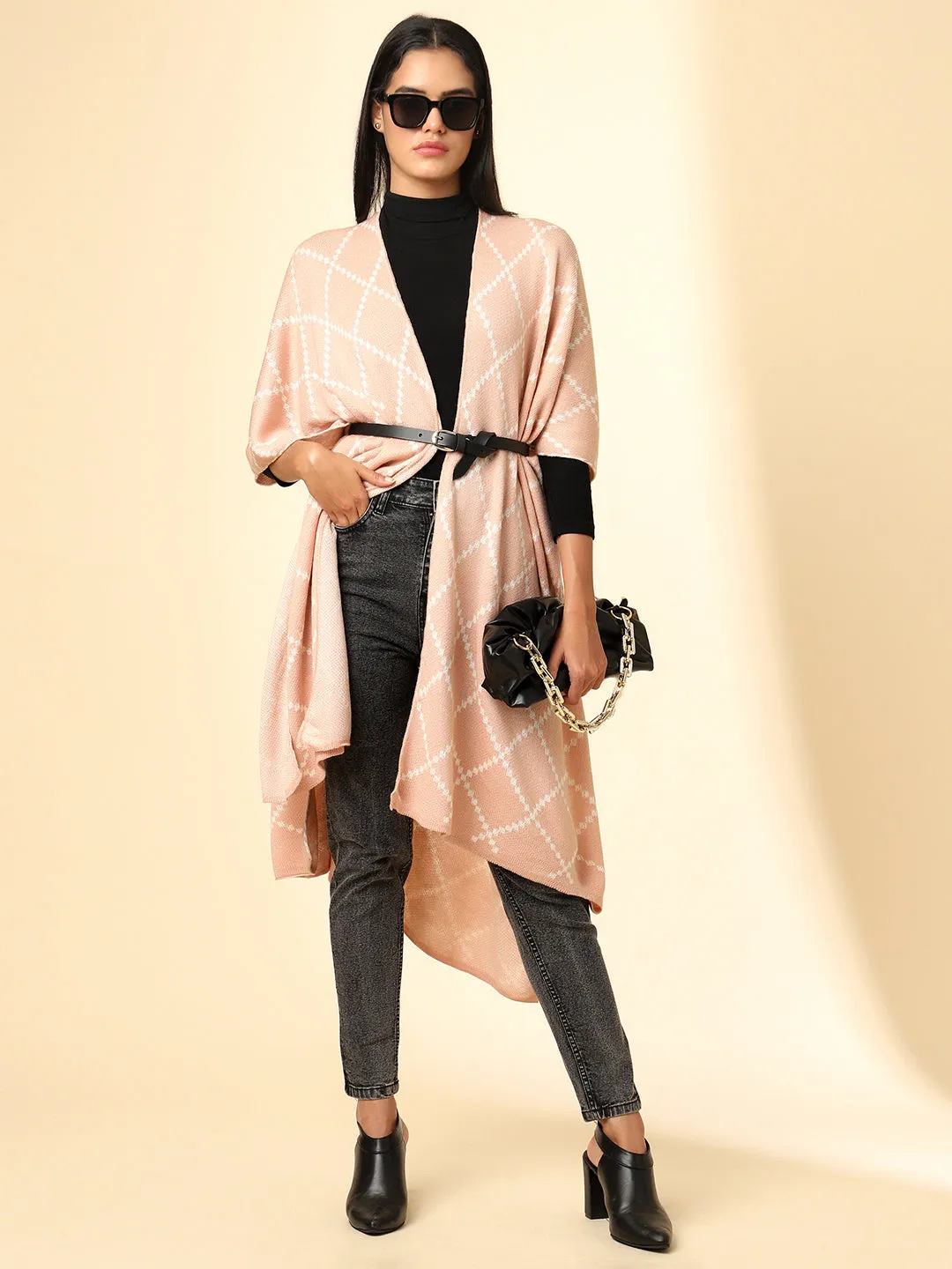Open Front Checkered Knitted Shrug | Peach