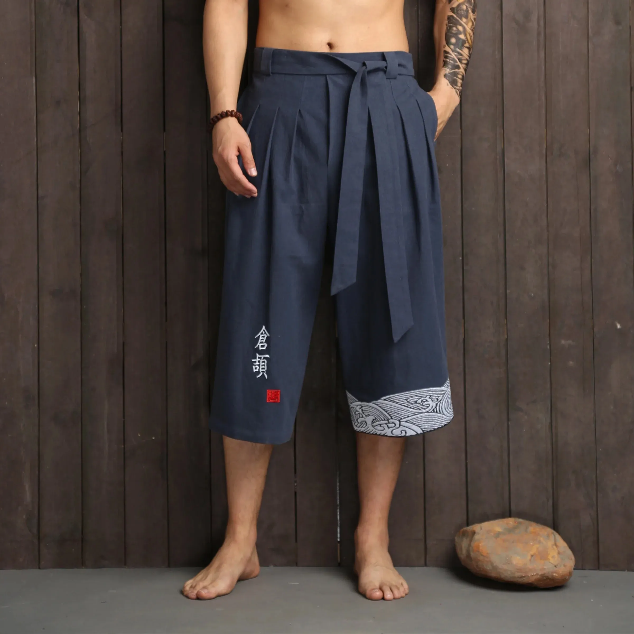 Oriental Kimono Style Pants - Embroidered, Linen
