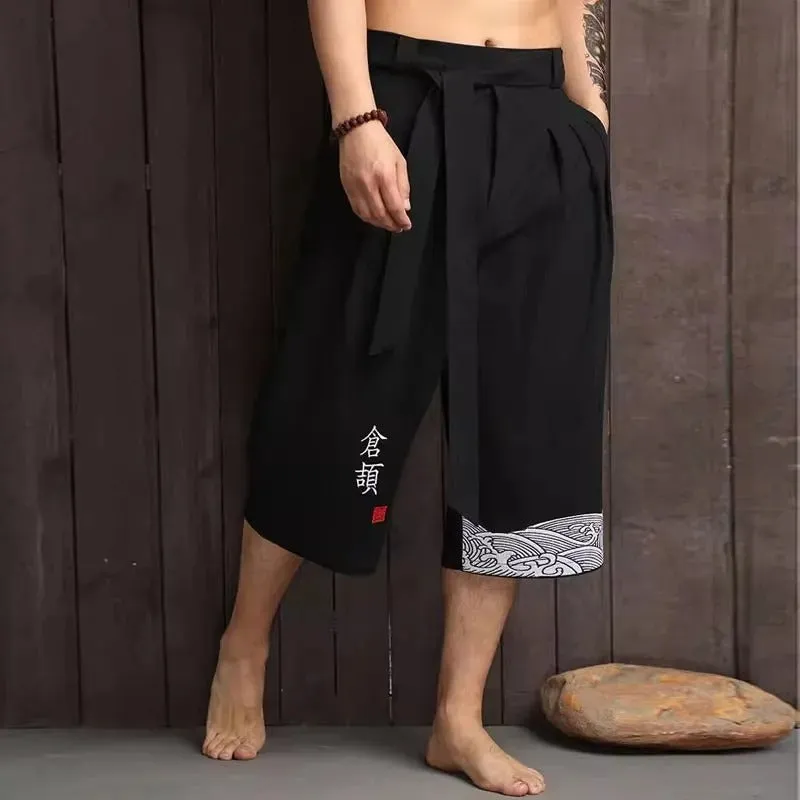 Oriental Kimono Style Pants - Embroidered, Linen