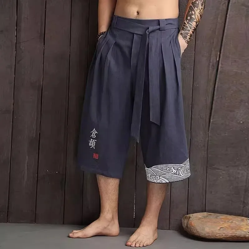 Oriental Kimono Style Pants - Embroidered, Linen