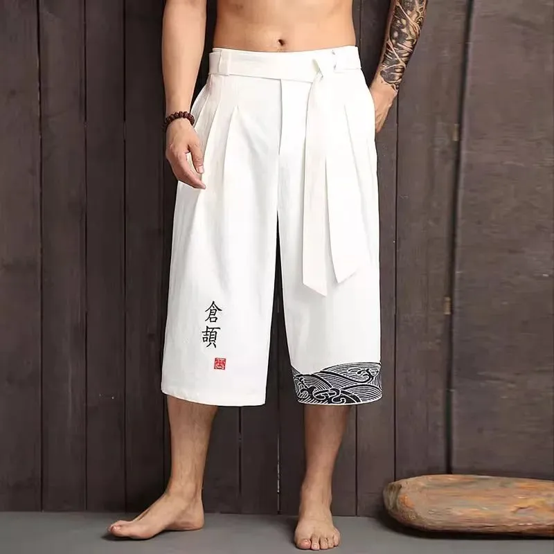 Oriental Kimono Style Pants - Embroidered, Linen