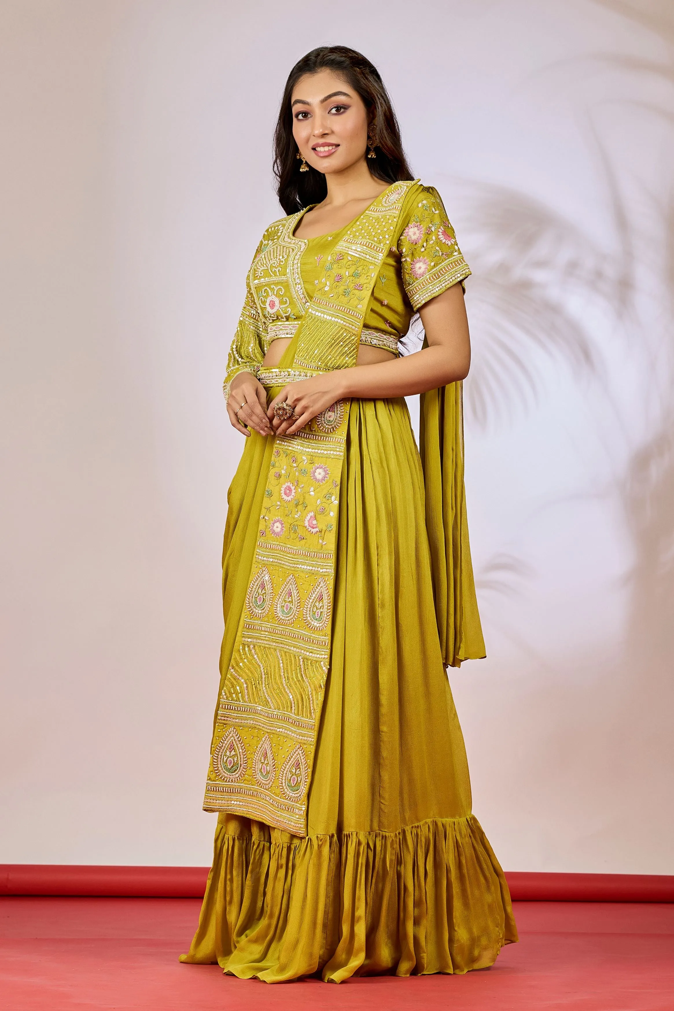 Pear Green Embellished Chinon Silk Drape Saree