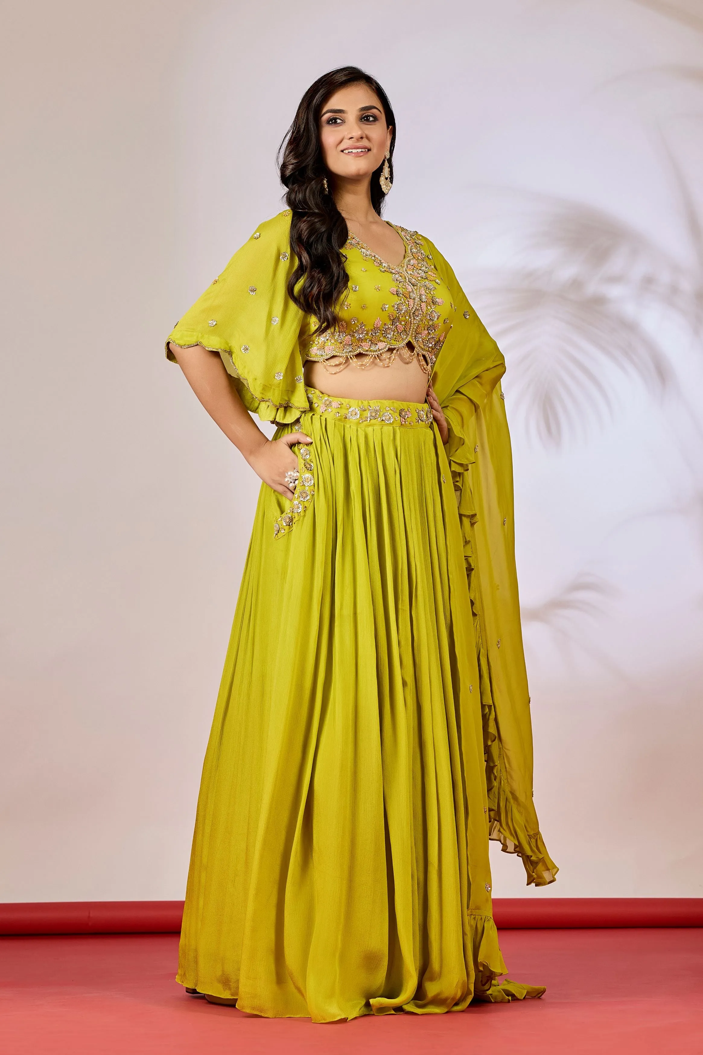 Pear Green Embellished Chinon Silk Lehenga Set