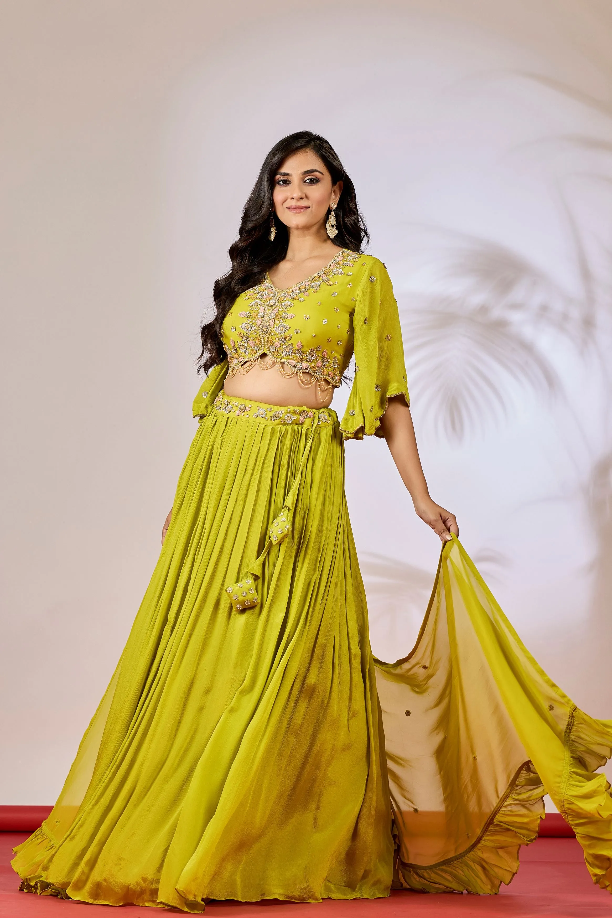 Pear Green Embellished Chinon Silk Lehenga Set