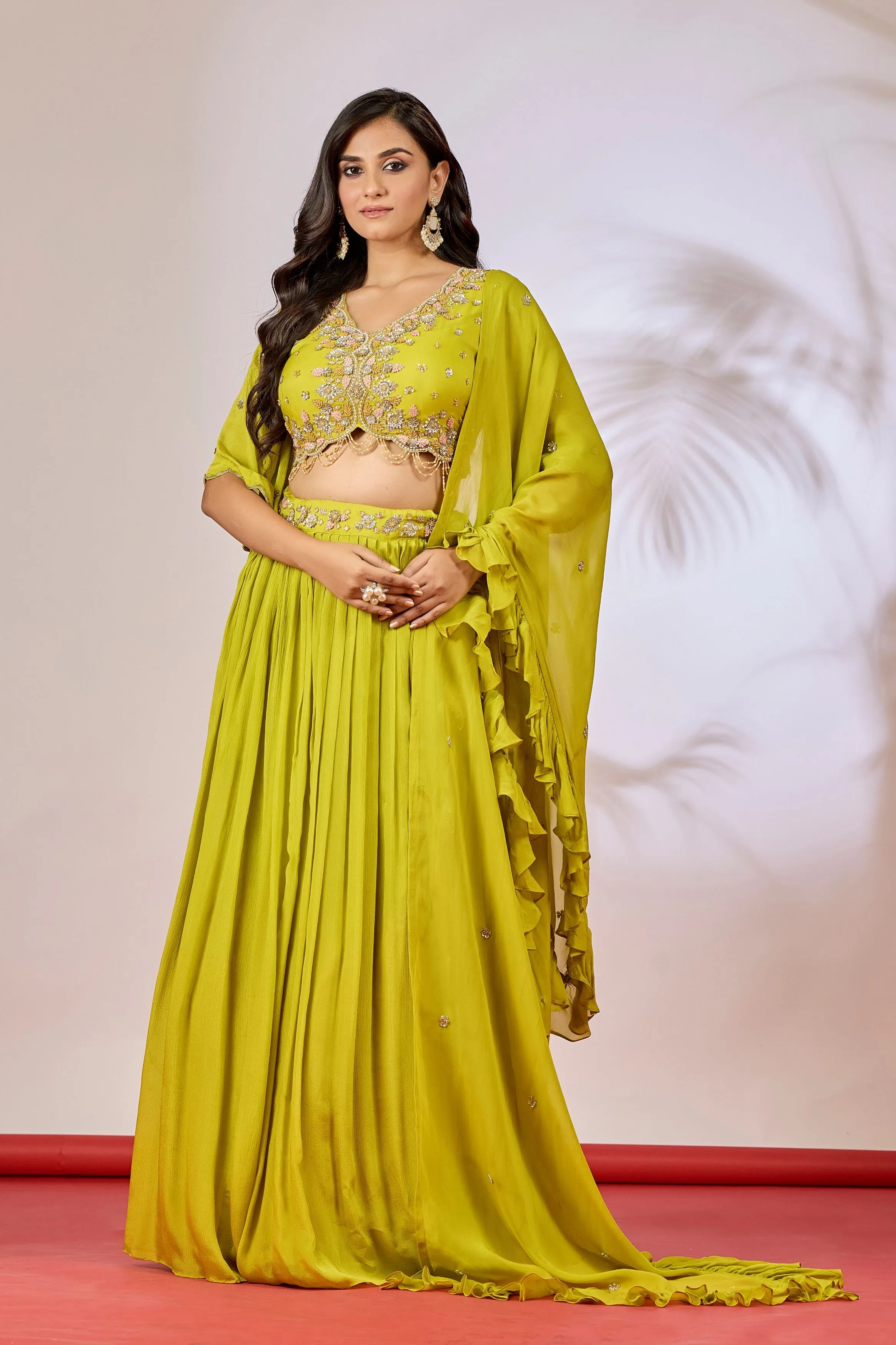 Pear Green Embellished Chinon Silk Lehenga Set
