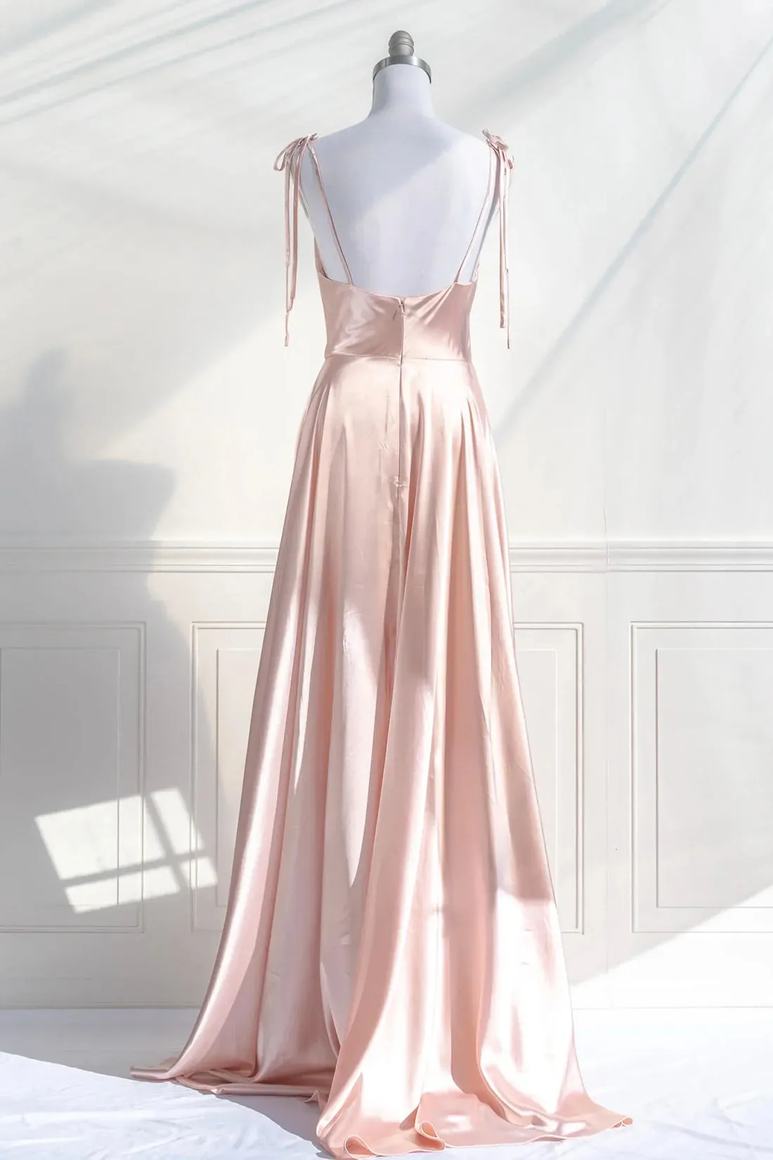Pink Spaghetti Strap Satin Long Prom Dress, Simple A-Line Evening Party Dress
