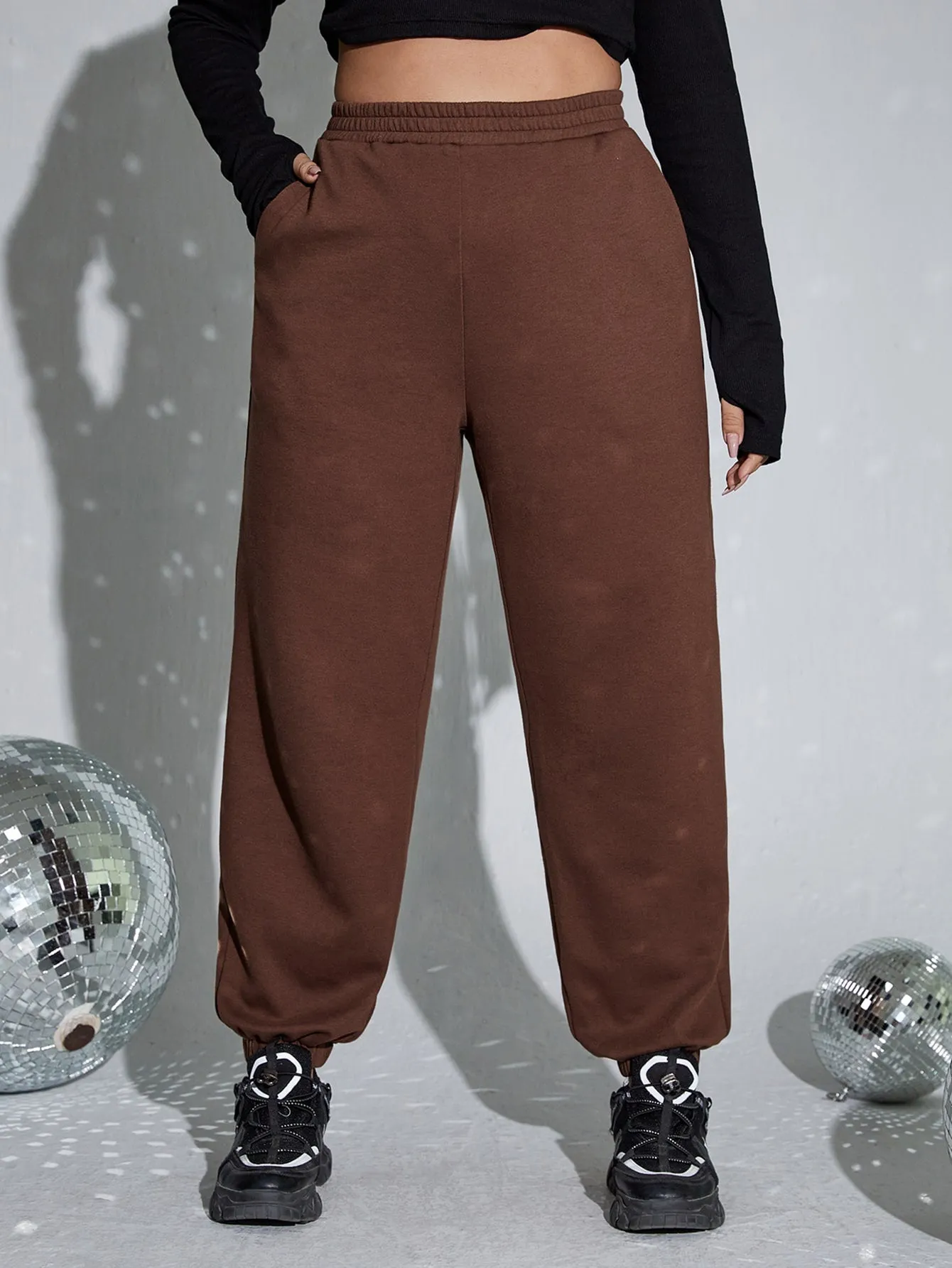 Plain High Waist Long Plus Size Sweatpants