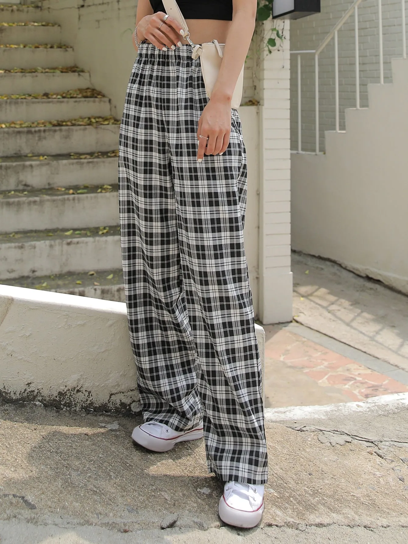 Preppy Plaid Pocket Natural Long Women Pants