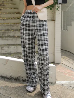 Preppy Plaid Pocket Natural Long Women Pants