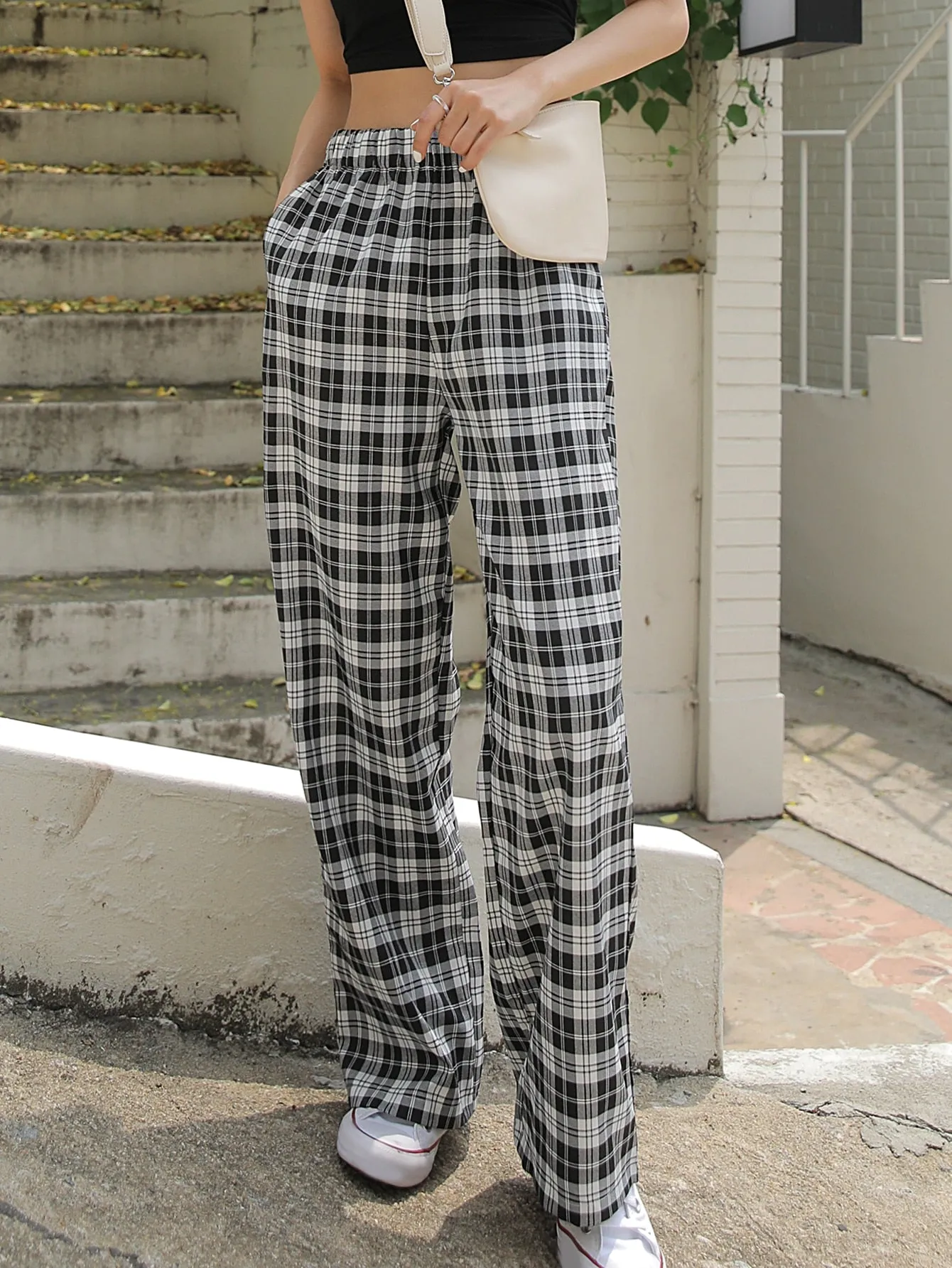 Preppy Plaid Pocket Natural Long Women Pants