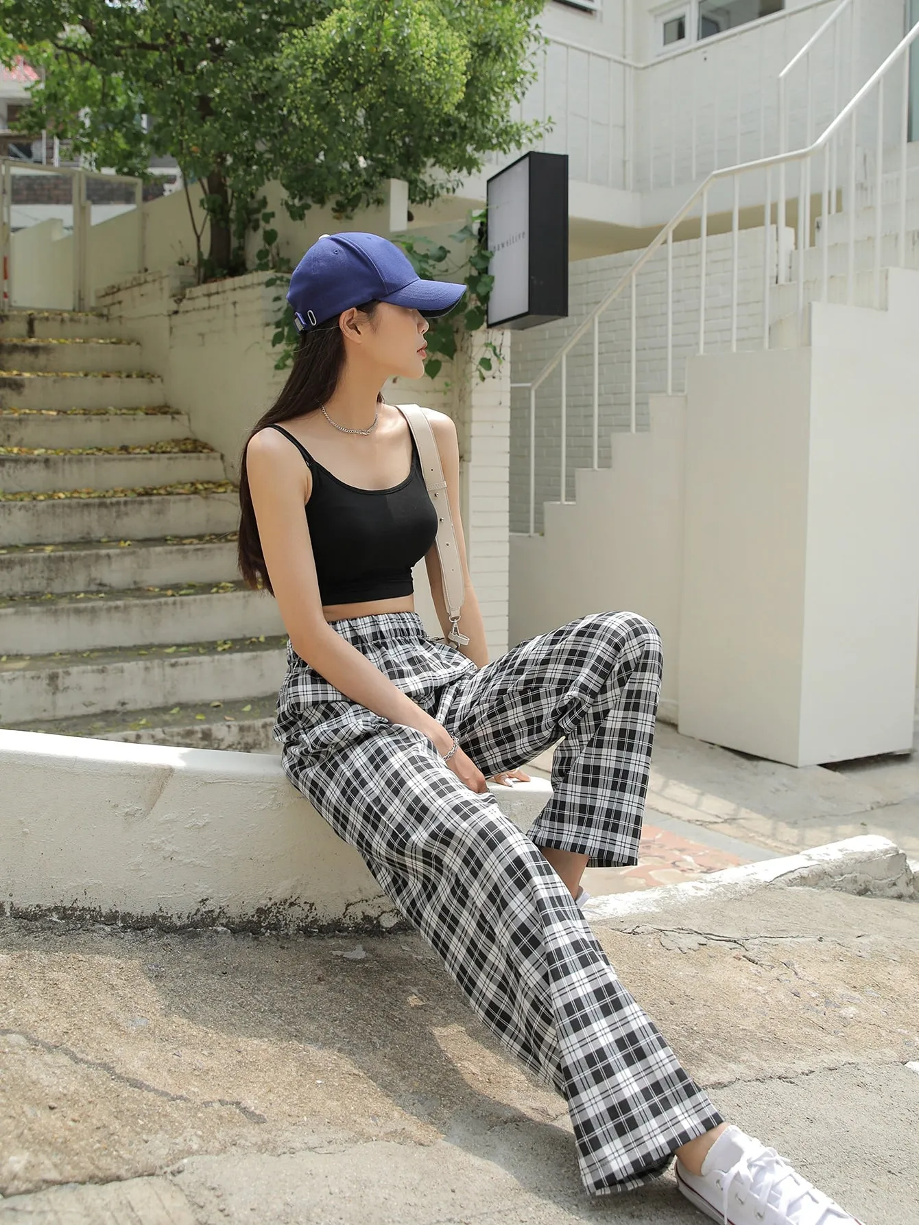Preppy Plaid Pocket Natural Long Women Pants