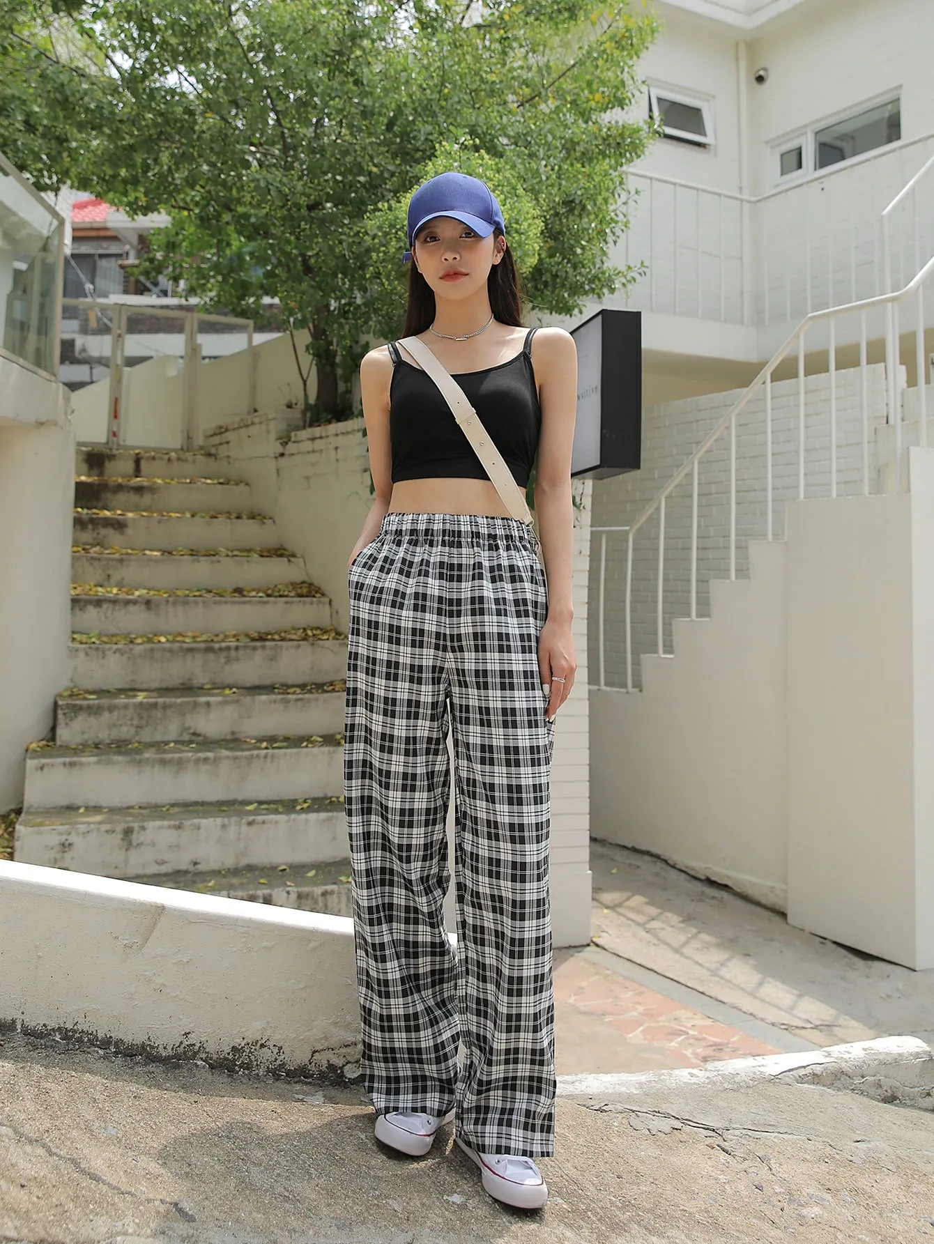 Preppy Plaid Pocket Natural Long Women Pants