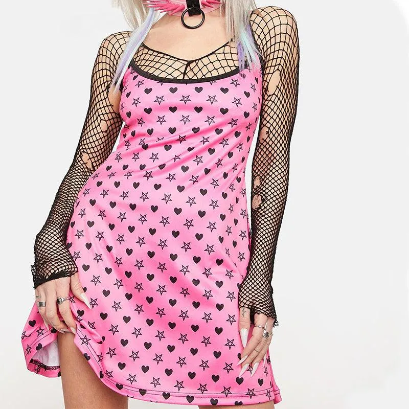 Punk Gothic Pink Heart Printed Dress Graphic, Coolest Fishnet LongSleeve Vestidos For Women