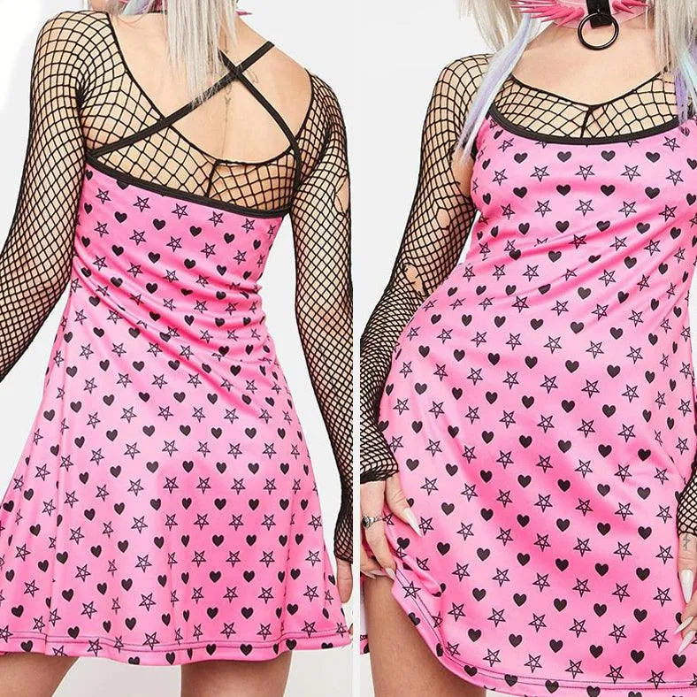 Punk Gothic Pink Heart Printed Dress Graphic, Coolest Fishnet LongSleeve Vestidos For Women