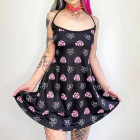 Punk Gothic Pink Heart Printed Dress Graphic, Coolest Fishnet LongSleeve Vestidos For Women