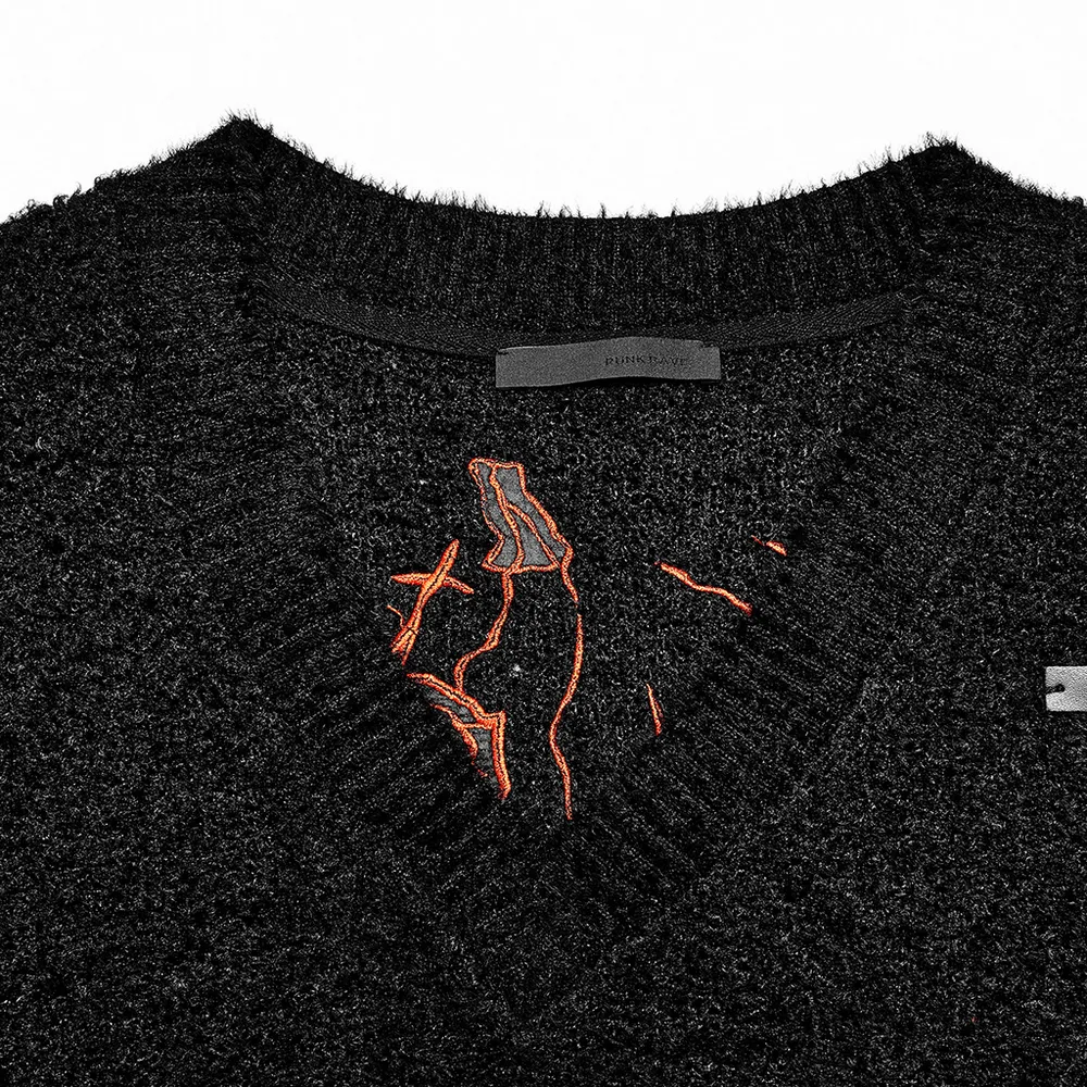 Punk Rave Black Flame Embroidered Crop Sweater