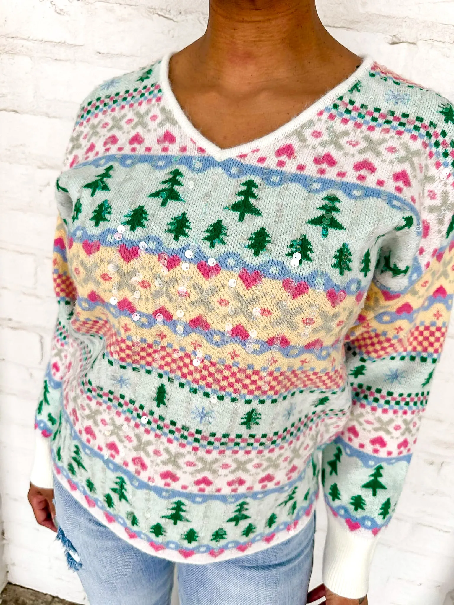 Queen Of Christmas Print V-Neck Sweater