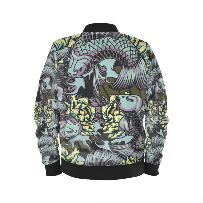 Retro Japanese Koi Bomber Jacket in either Marble Velvet, Jersey, Satin Or Waterproof Outer