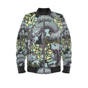 Retro Japanese Koi Bomber Jacket in either Marble Velvet, Jersey, Satin Or Waterproof Outer