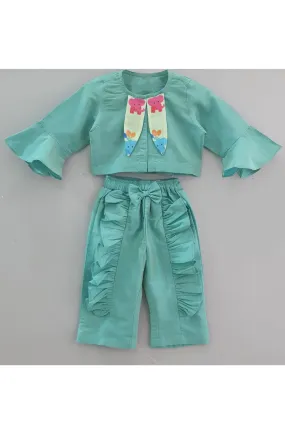 Sea green elephant printed crop top and frills pants