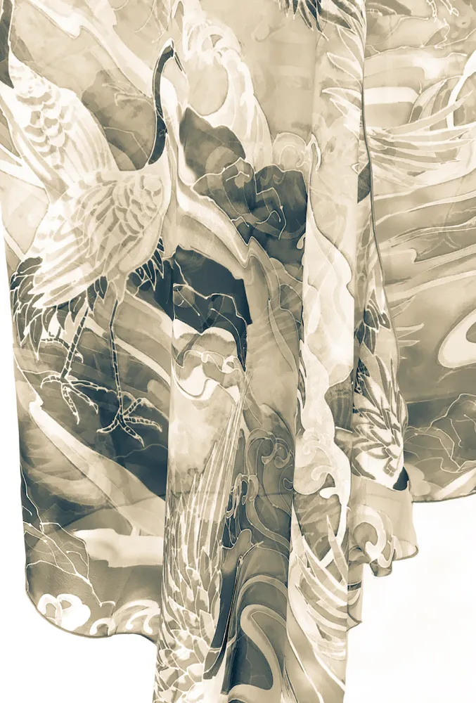 Sheer Kimono Cardigan Sepia Cranes Ocean