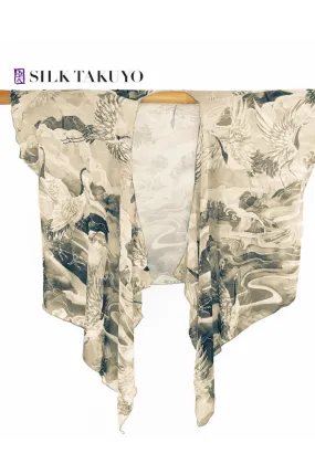 Sheer Kimono Cardigan Sepia Cranes Ocean