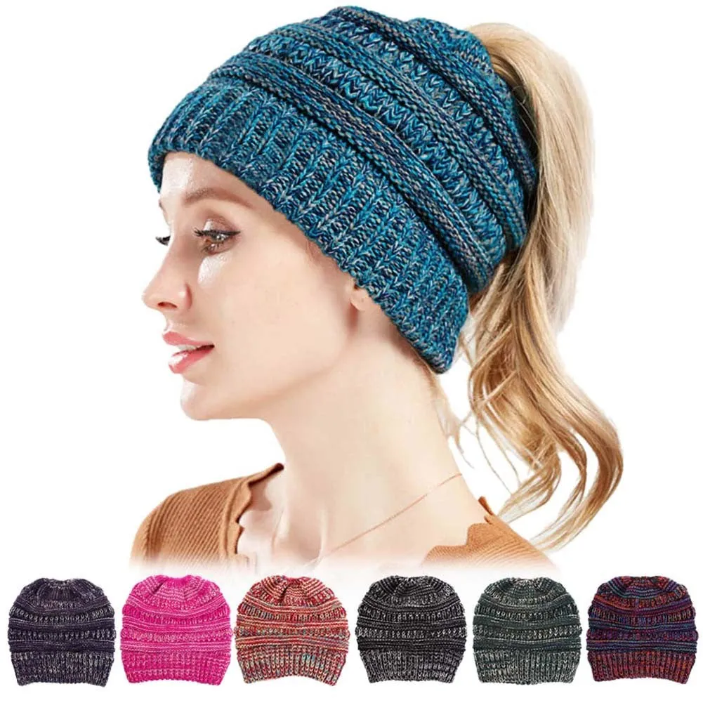 Sidiou Group Womens Ponytail Cap Warm Soft Stretchy Beanie Knitted Hat Messy High Bun Ponytail Beanie Hat Winter Women Hat