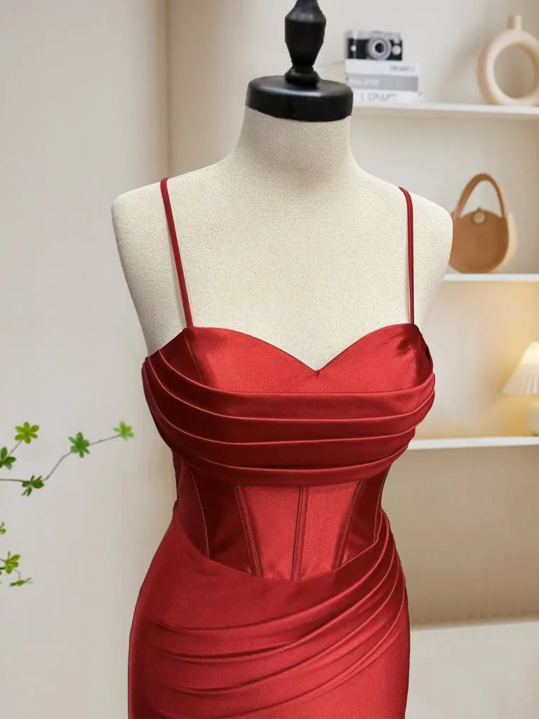 Simple Sweetheart Neck Satin Mermaid Burgundy Long Prom Dress, Burgundy Evening Dress