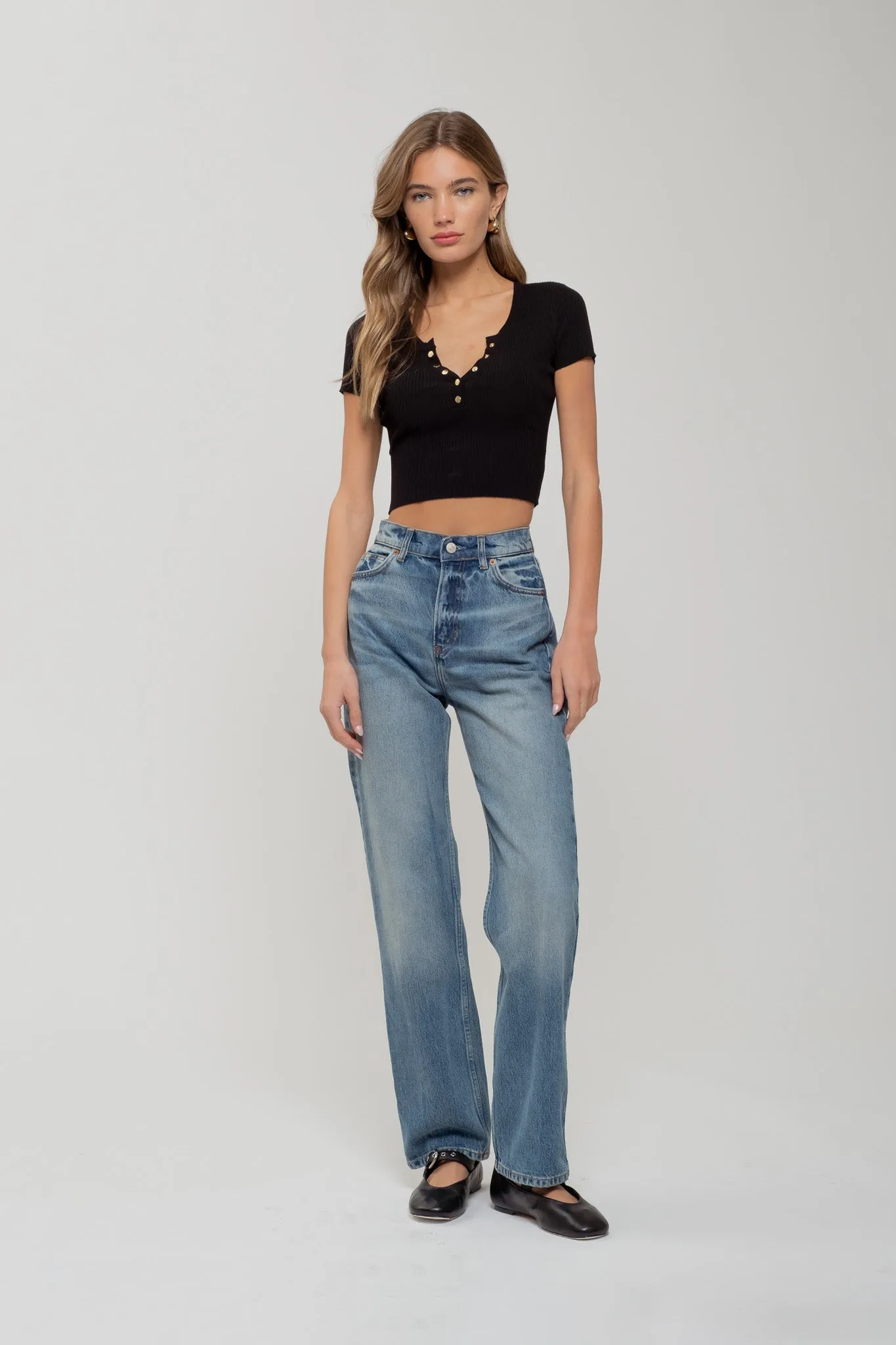 SNAP BUTTON SWEATER KNIT CROP TOP