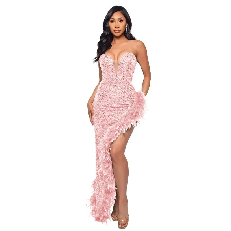 Strapless Sequin Feather Dress 
Elegant Sleeveless Long Bodycon
