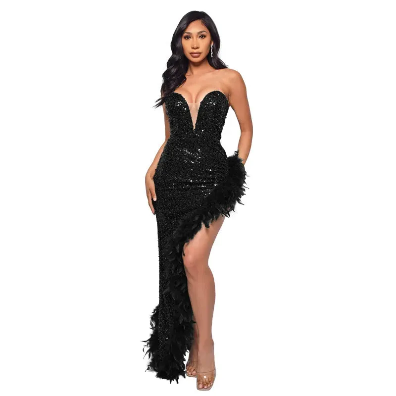 Strapless Sequin Feather Dress 
Elegant Sleeveless Long Bodycon
