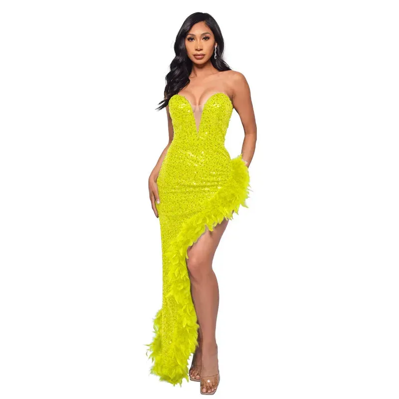 Strapless Sequin Feather Dress 
Elegant Sleeveless Long Bodycon