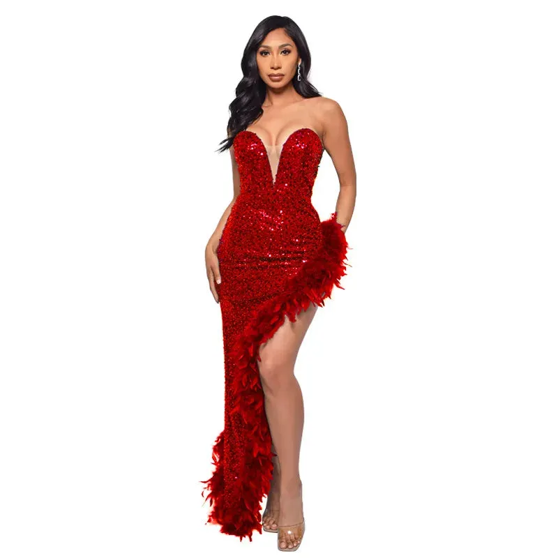 Strapless Sequin Feather Dress 
Elegant Sleeveless Long Bodycon