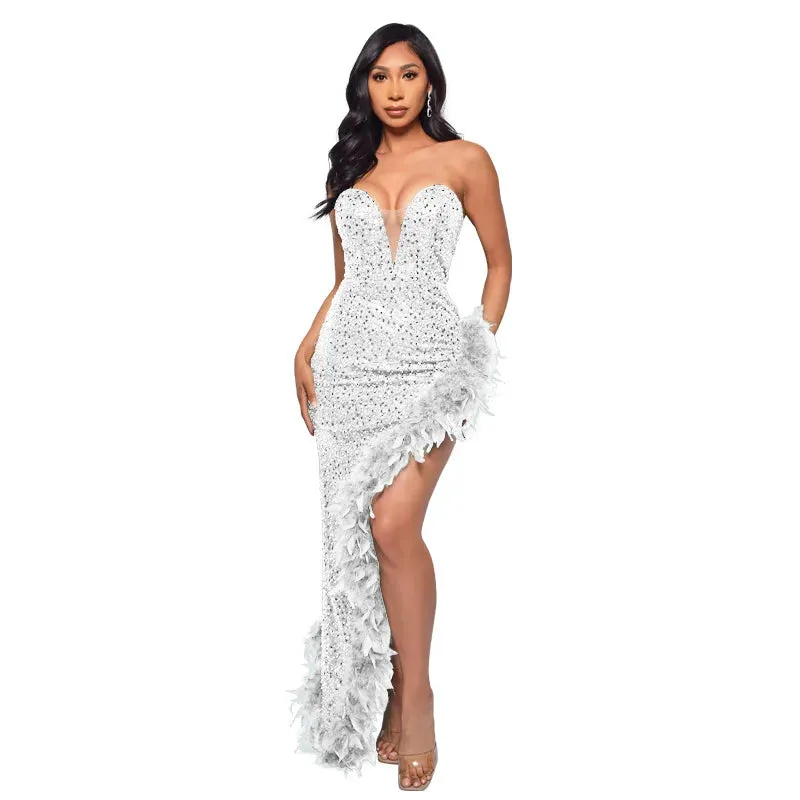 Strapless Sequin Feather Dress 
Elegant Sleeveless Long Bodycon