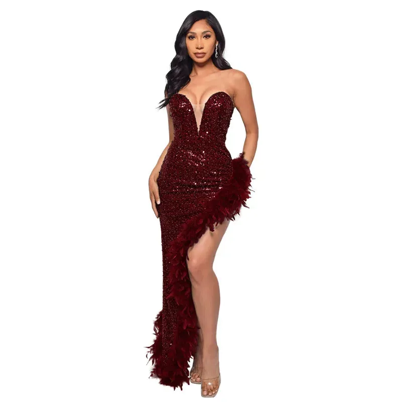 Strapless Sequin Feather Dress 
Elegant Sleeveless Long Bodycon