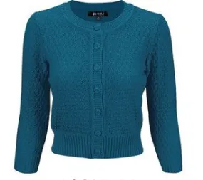 Teal Cropped Rib Knit Cardigan
