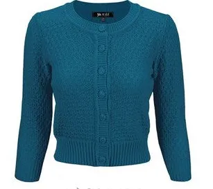 Teal Cropped Rib Knit Cardigan