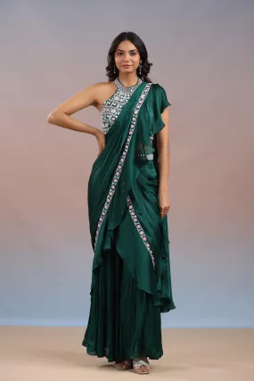 Teal Green Embroidered Premium Chinon Silk Draped Saree