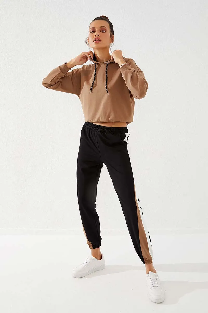 TMY Black Two Color Striped Comfortable Fit Elastic Cuff Women's Sweatpants - 94582 - Lleida