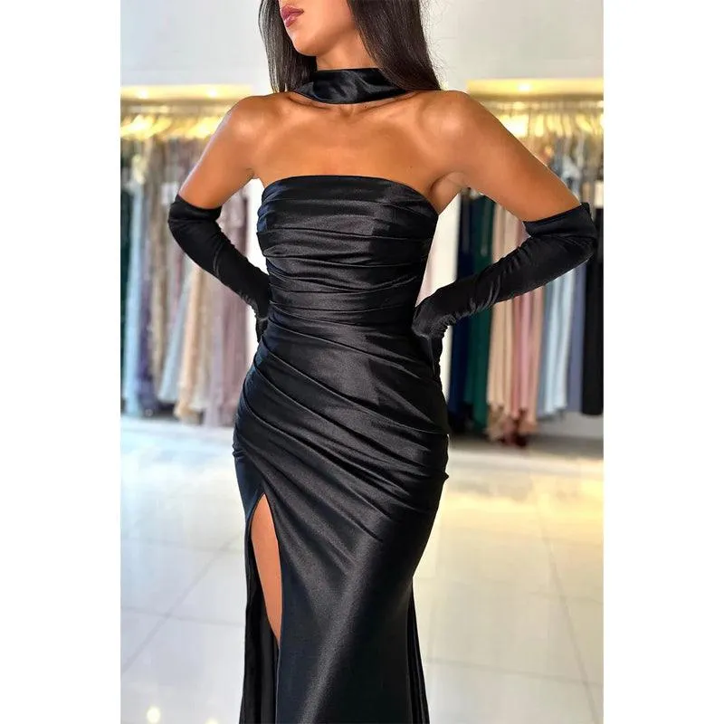Unique Strapless Satin Pleats Black Mermaid Formal Party Dress with Slit