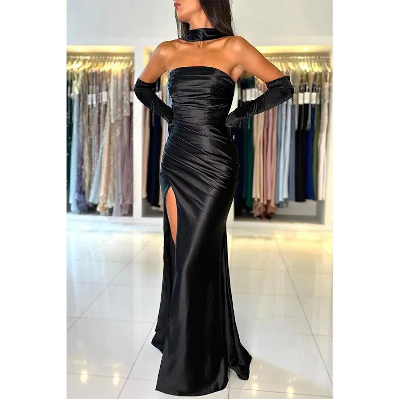 Unique Strapless Satin Pleats Black Mermaid Formal Party Dress with Slit
