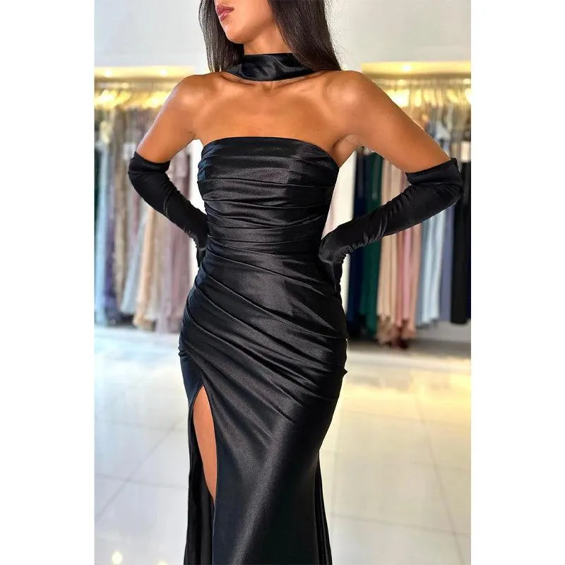 Unique Strapless Satin Pleats Black Mermaid Formal Party Dress with Slit