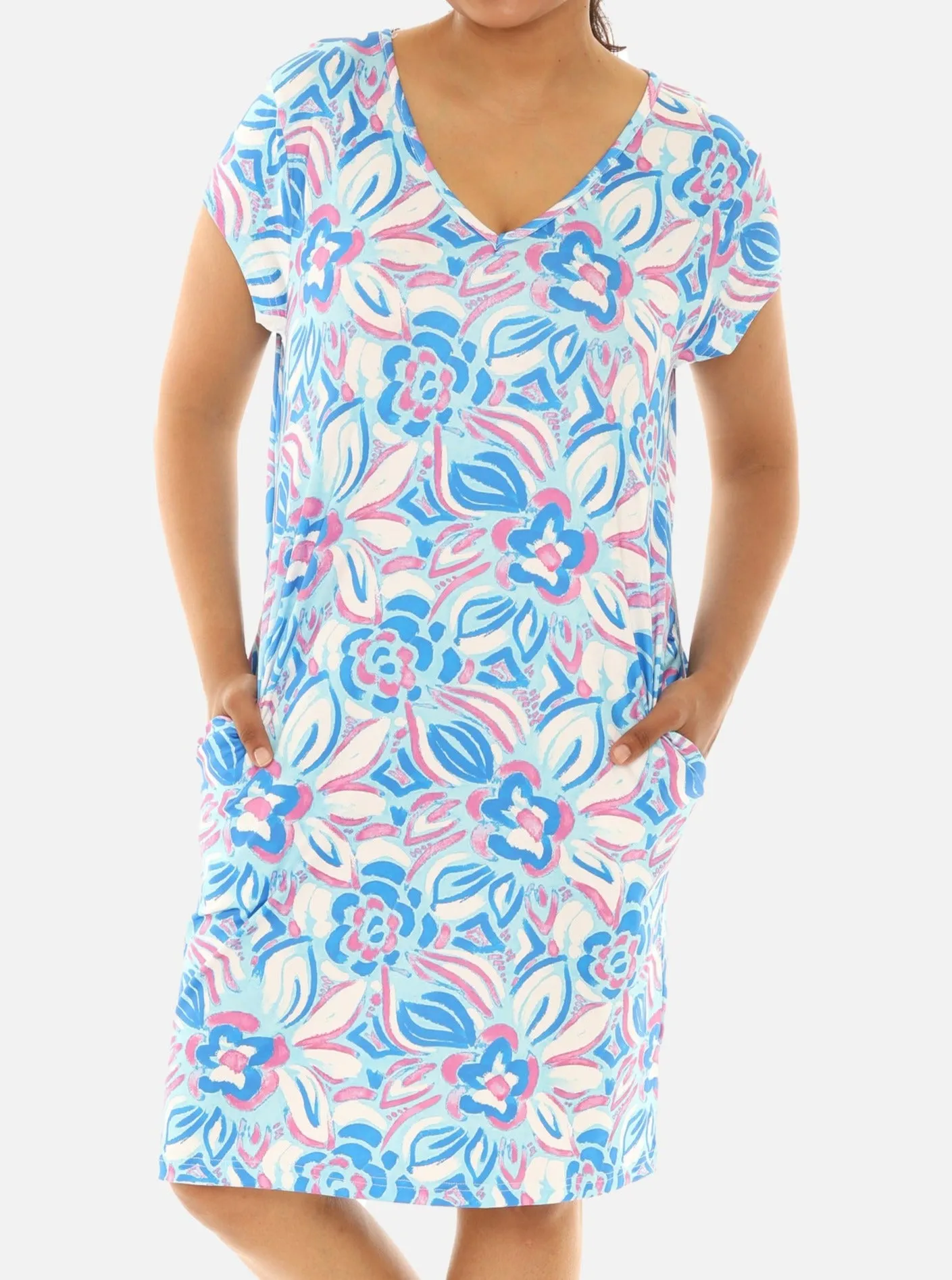 UPF 50  Short Sleeve Knee Length V-Neck Dress