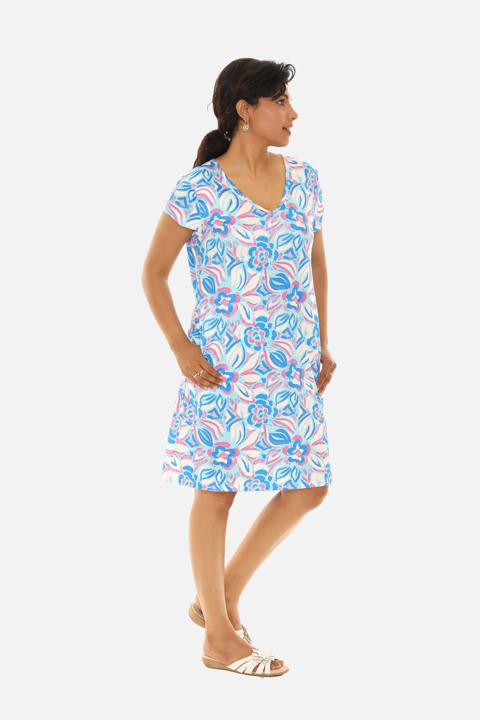 UPF 50  Short Sleeve Knee Length V-Neck Dress