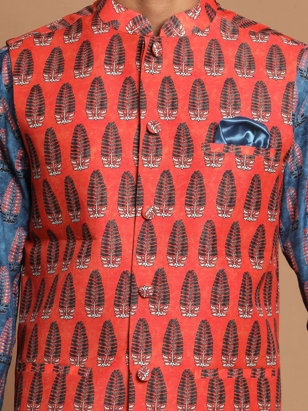 VASTRAMAY Men's Orange Printed Nehru Jacket And Blue kurta With Pyjama Set