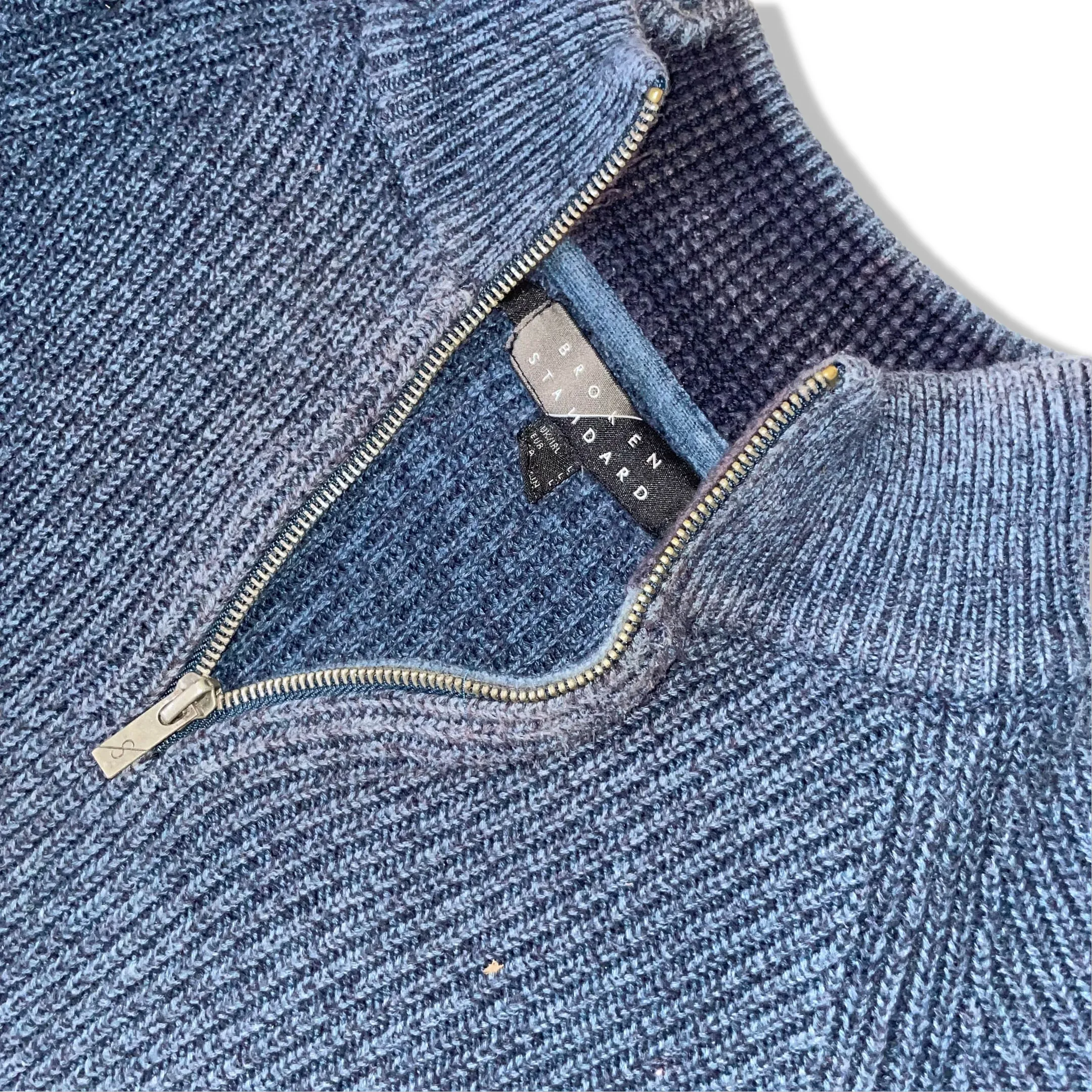 Vintage Broken standard blue knitted 1/4 zip up high neck large sweater