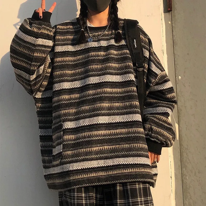 Voguable Pullover Women Vintage Striped Sweater Oversize Long Sleeve Couples Knitted Tops Hip Hop Fashion Streetwear Pullover Female